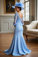 Load image into Gallery viewer, Sky Blue Satin Long Sleeves Mother of the Bride Dress with Lace