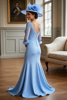 Sky Blue Satin Long Sleeves Mother of the Bride Dress with Lace