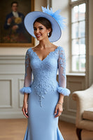 Load image into Gallery viewer, Sky Blue Satin Long Sleeves Mother of the Bride Dress with Lace
