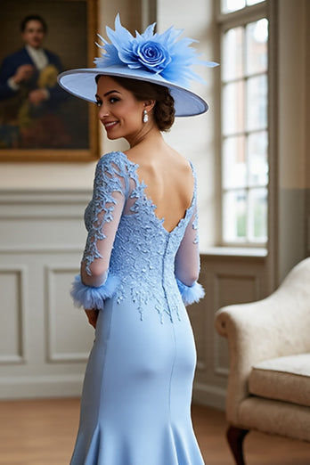 Sky Blue Satin Long Sleeves Mother of the Bride Dress with Lace