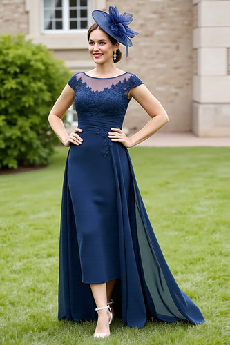 Navy A Line Chiffon Long Mother of the Bride Dress with Lace