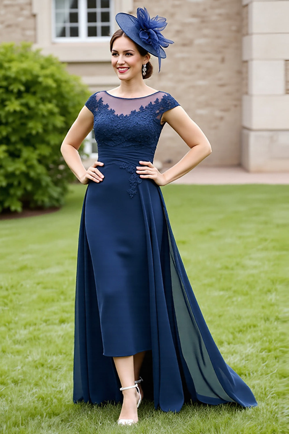 Navy A Line Chiffon Long Mother of the Bride Dress with Lace