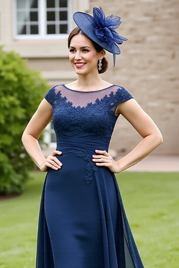 Navy A Line Chiffon Long Mother of the Bride Dress with Lace
