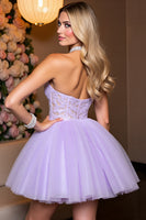Load image into Gallery viewer, Lilac Tulle A Line Corset Halter Short Homecoming Dress