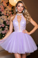Load image into Gallery viewer, Lilac Tulle A Line Corset Halter Short Homecoming Dress