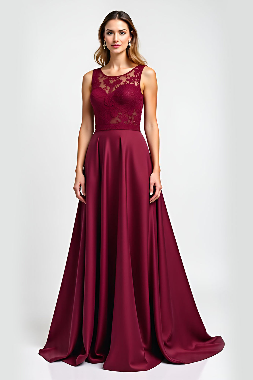 Burgundy Satin Illusion Boat Neck Long Formal Dress with Appliques