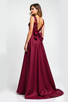 Load image into Gallery viewer, Burgundy Satin Illusion Boat Neck Long Formal Dress with Appliques