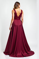 Load image into Gallery viewer, Burgundy Satin Illusion Boat Neck Long Formal Dress with Appliques