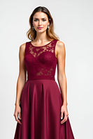 Load image into Gallery viewer, Burgundy Satin Illusion Boat Neck Long Formal Dress with Appliques