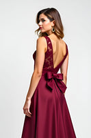 Load image into Gallery viewer, Burgundy Satin Illusion Boat Neck Long Formal Dress with Appliques