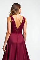Load image into Gallery viewer, Burgundy Satin Illusion Boat Neck Long Formal Dress with Appliques