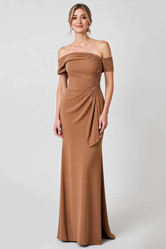 Brown Satin Sheath Long Mother of the Bride Dress with Appliques