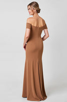 Load image into Gallery viewer, Brown Satin Sheath Long Mother of the Bride Dress with Appliques
