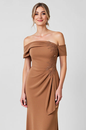 Brown Satin Sheath Long Mother of the Bride Dress with Appliques