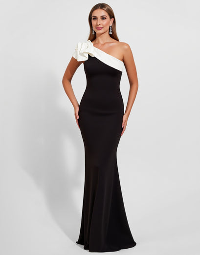 Black Satin One Shoulder Long Mermaid Formal Dress with Ruffles