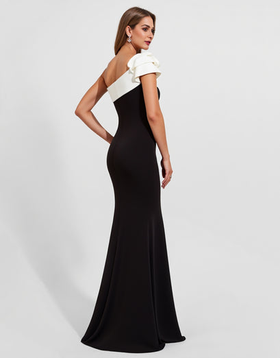 Black Satin One Shoulder Long Mermaid Formal Dress with Ruffles