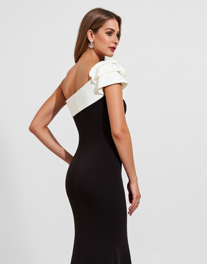 Black Satin One Shoulder Long Mermaid Formal Dress with Ruffles