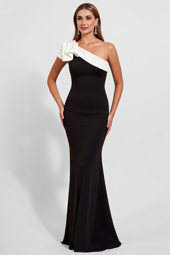 Black Satin One Shoulder Long Mermaid Formal Dress with Ruffles