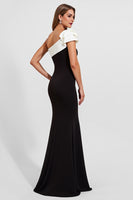 Load image into Gallery viewer, Black Satin One Shoulder Long Mermaid Formal Dress with Ruffles