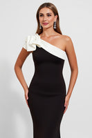 Load image into Gallery viewer, Black Satin One Shoulder Long Mermaid Formal Dress with Ruffles