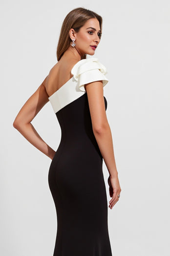 Black Satin One Shoulder Long Mermaid Formal Dress with Ruffles