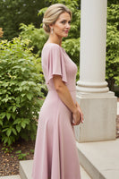 Load image into Gallery viewer, Dusty Rose Satin Sheath Mother of the Bride Dress with Flutter Sleeves