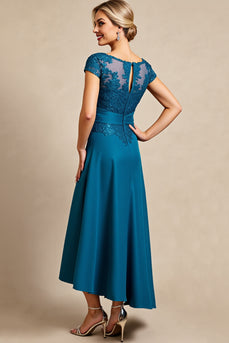 Peacock Blue Satin A Line Mother of the Bride Dress with Lace