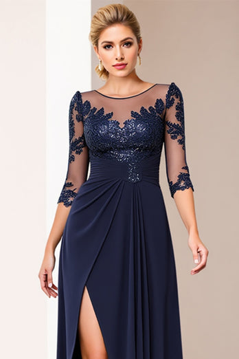Navy Satin Sheath Long Mother of the Bride Dress with Lace