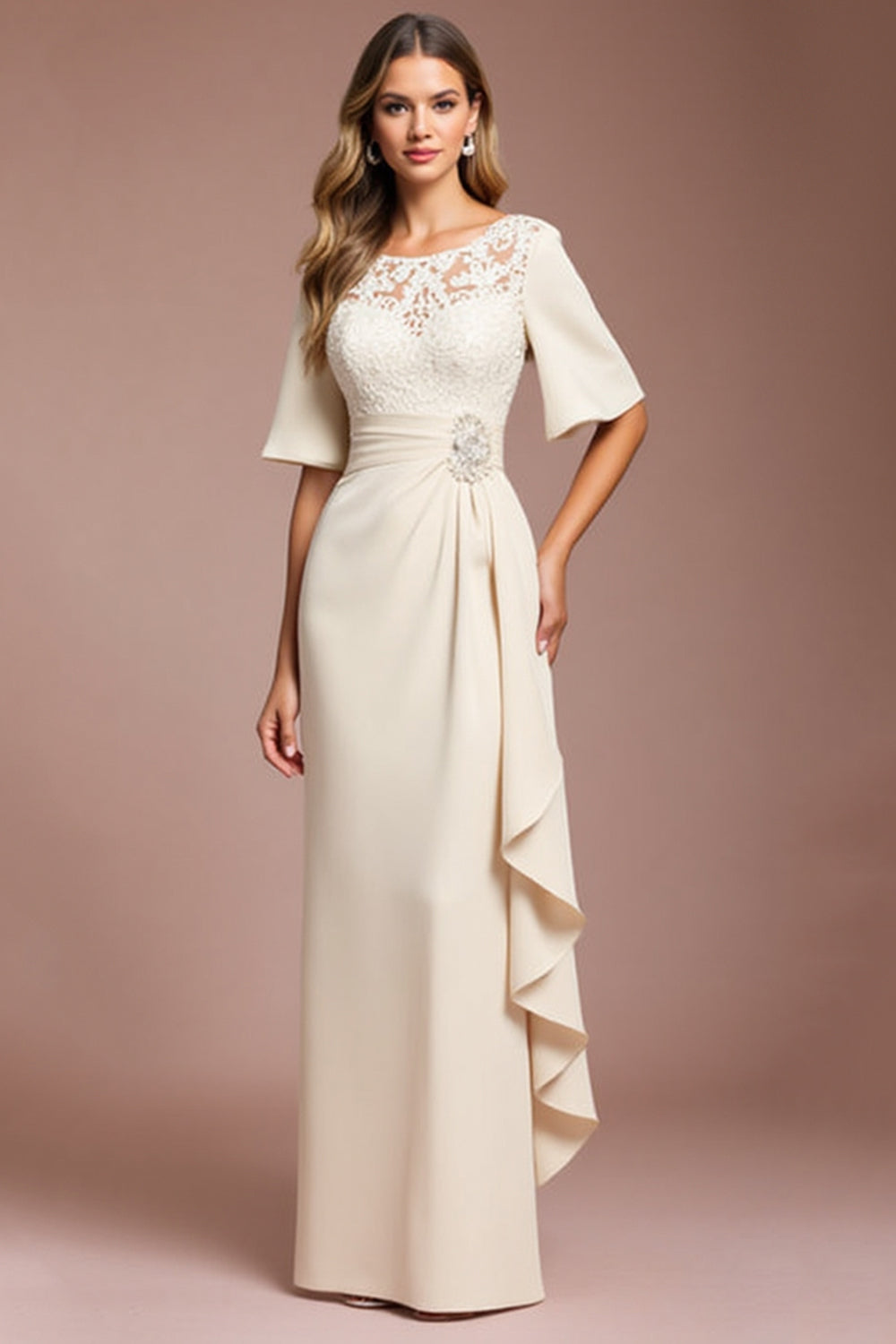 Apricot Ruffled Sheath Long Mother of the Bride Dress with Lace