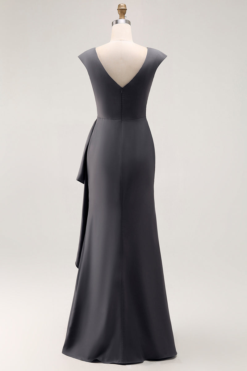 Load image into Gallery viewer, Steel Grey Sheath V Neck Mother of the Bride Dress with Ruffles