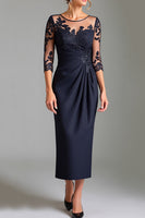 Load image into Gallery viewer, Navy Satin Sheath Illusion Neck Mother of the Bride Dress with Lace