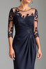 Load image into Gallery viewer, Navy Satin Sheath Illusion Neck Mother of the Bride Dress with Lace