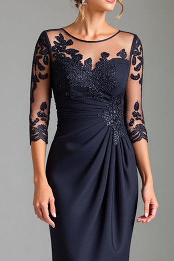 Navy Satin Sheath Illusion Neck Mother of the Bride Dress with Lace