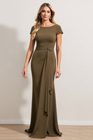 Load image into Gallery viewer, Olive Sheath Ruched Boat Neck Long Mother of the Bride Dress