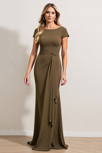 Olive Sheath Ruched Boat Neck Long Mother of the Bride Dress