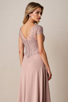 Load image into Gallery viewer, Dusty Rose Satin Sheath Mother of the Bride Dress with Lace