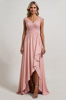Load image into Gallery viewer, Blush A line V-Neck Asymmetrical Mother of the Bride Dress with Ruffles