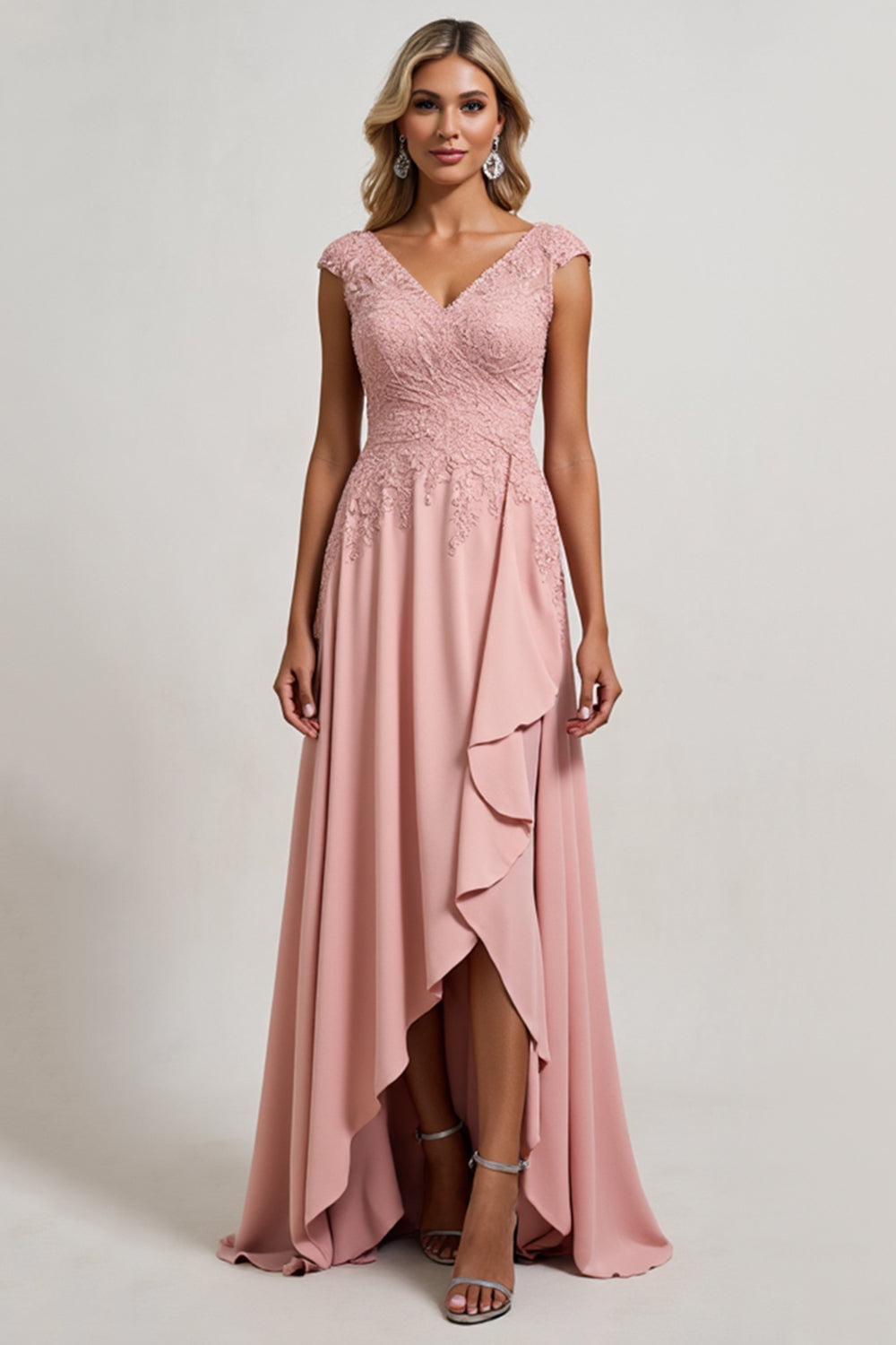 Blush A line V-Neck Asymmetrical Mother of the Bride Dress with Ruffles