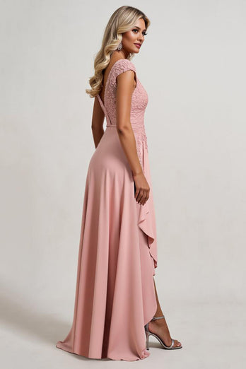 Blush A line V-Neck Asymmetrical Mother of the Bride Dress with Ruffles