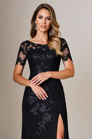 Load image into Gallery viewer, Black Satin Sheath Round Neck Mother of the Bride Dress with Slit