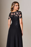 Load image into Gallery viewer, Black Satin Sheath Round Neck Mother of the Bride Dress with Slit