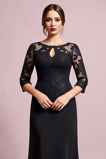 Black Satin Sheath Round Neck Mother of the Bride Dress with Lace