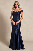 Load image into Gallery viewer, Navy Satin Mermaid Off The Shoulder Mother of the Bride Dress