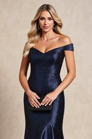 Load image into Gallery viewer, Navy Satin Mermaid Off The Shoulder Mother of the Bride Dress