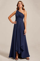 Load image into Gallery viewer, Navy Satin A Line One Shoulder Mother of the Bride Dress with Lace