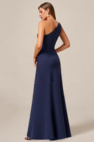Load image into Gallery viewer, Navy Satin A Line One Shoulder Mother of the Bride Dress with Lace