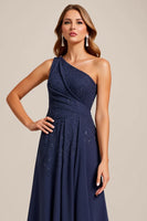 Load image into Gallery viewer, Navy Satin A Line One Shoulder Mother of the Bride Dress with Lace