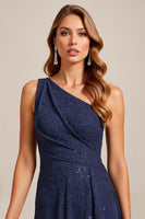 Load image into Gallery viewer, Navy Satin A Line One Shoulder Mother of the Bride Dress with Lace