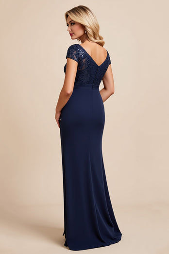Navy Chiffon Sheath Boat Neck Mother of the Bride Dress with Slit