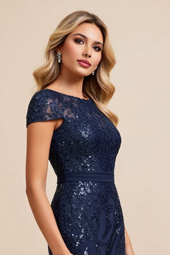 Navy Chiffon Sheath Boat Neck Mother of the Bride Dress with Slit